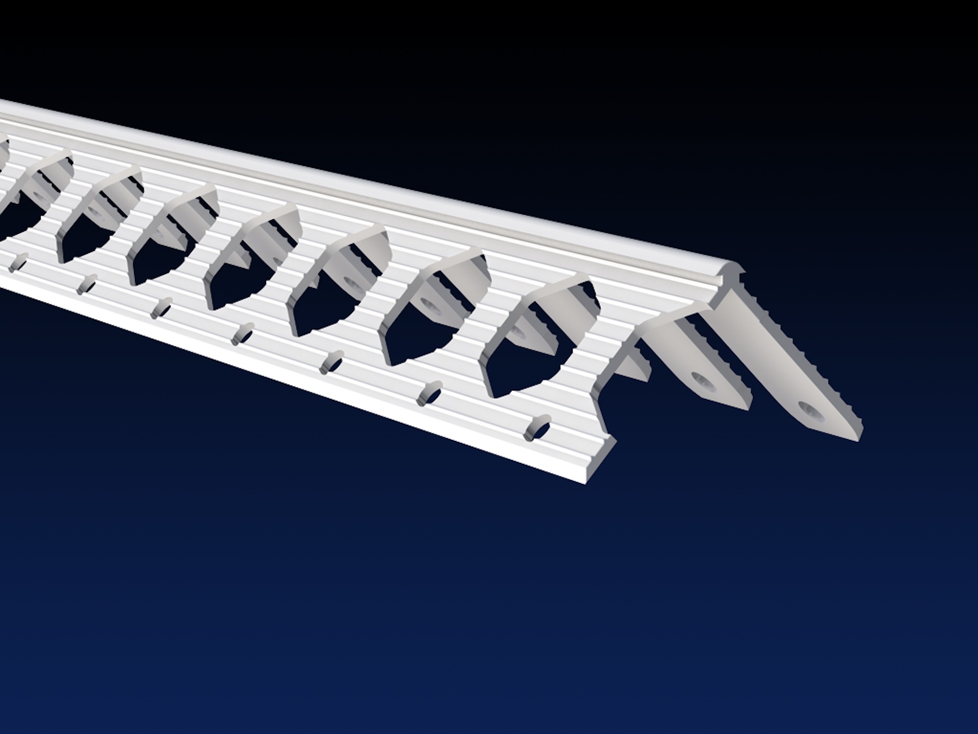 Close up rendered product image of white angle bead on black and navy gradient background