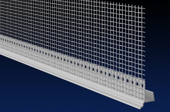 Close up rendered product image white PVCu board casement drip bead, on black and navy gradient background