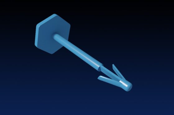 Close up rendered product image of blue fixing pins for insulation board, image on black and navy gradient background