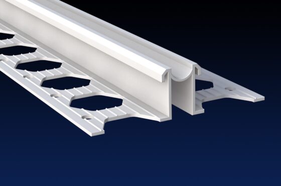 Rendered close up product image of white expansion joint bead on black and navy gradient background