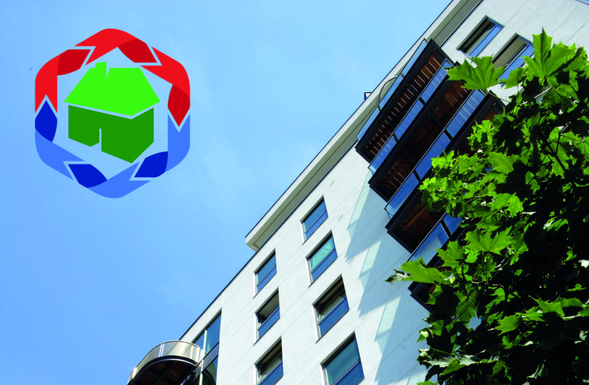 White rendered building with balcony to front, blue sky with renderplas sustainability icon in top right hand corner